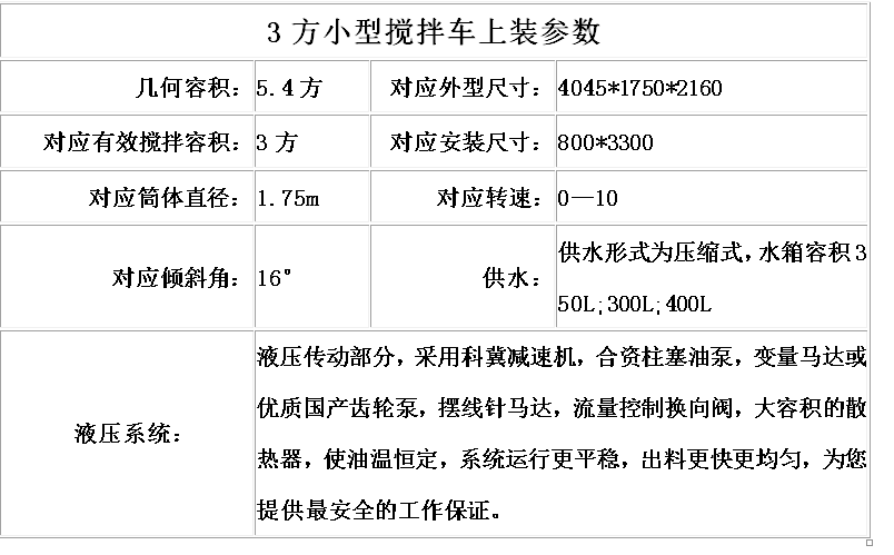 3方小型攪拌車上裝參數(shù)